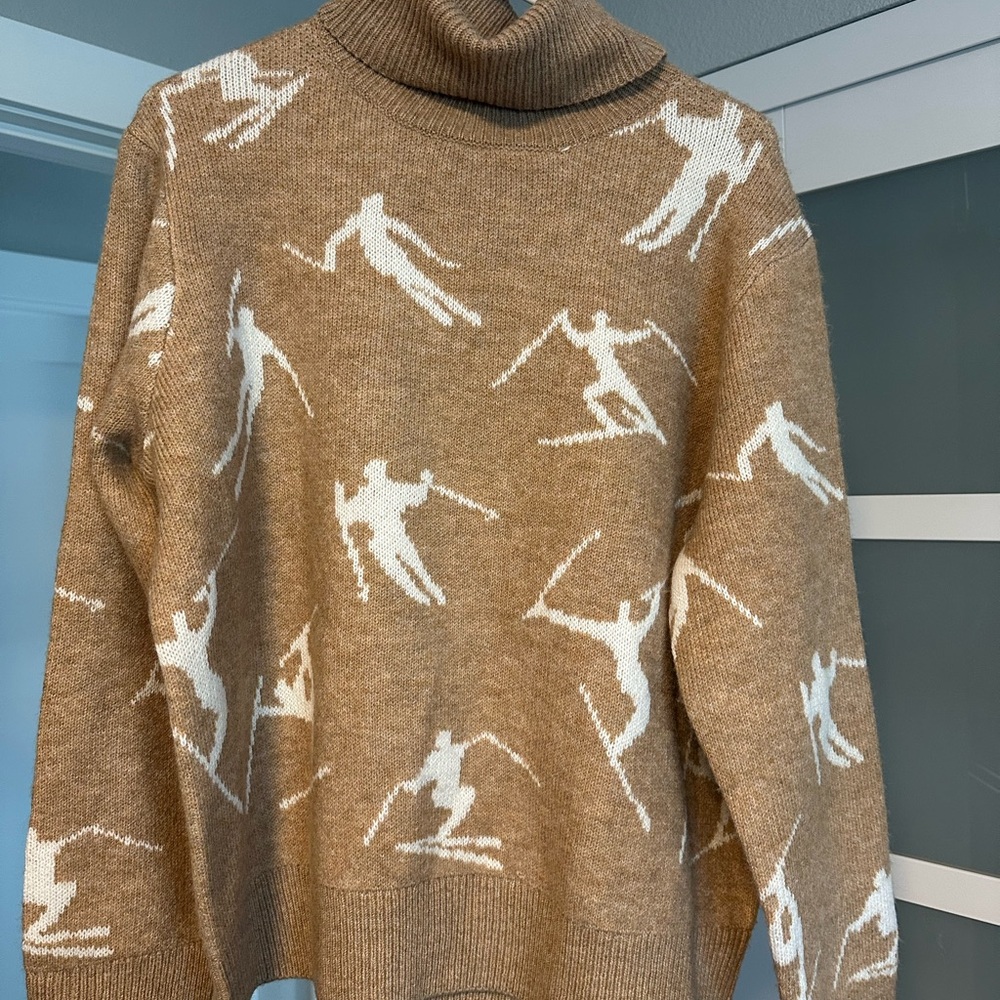 Halogen Camel and White Ski Motif Turtleneck Sweater